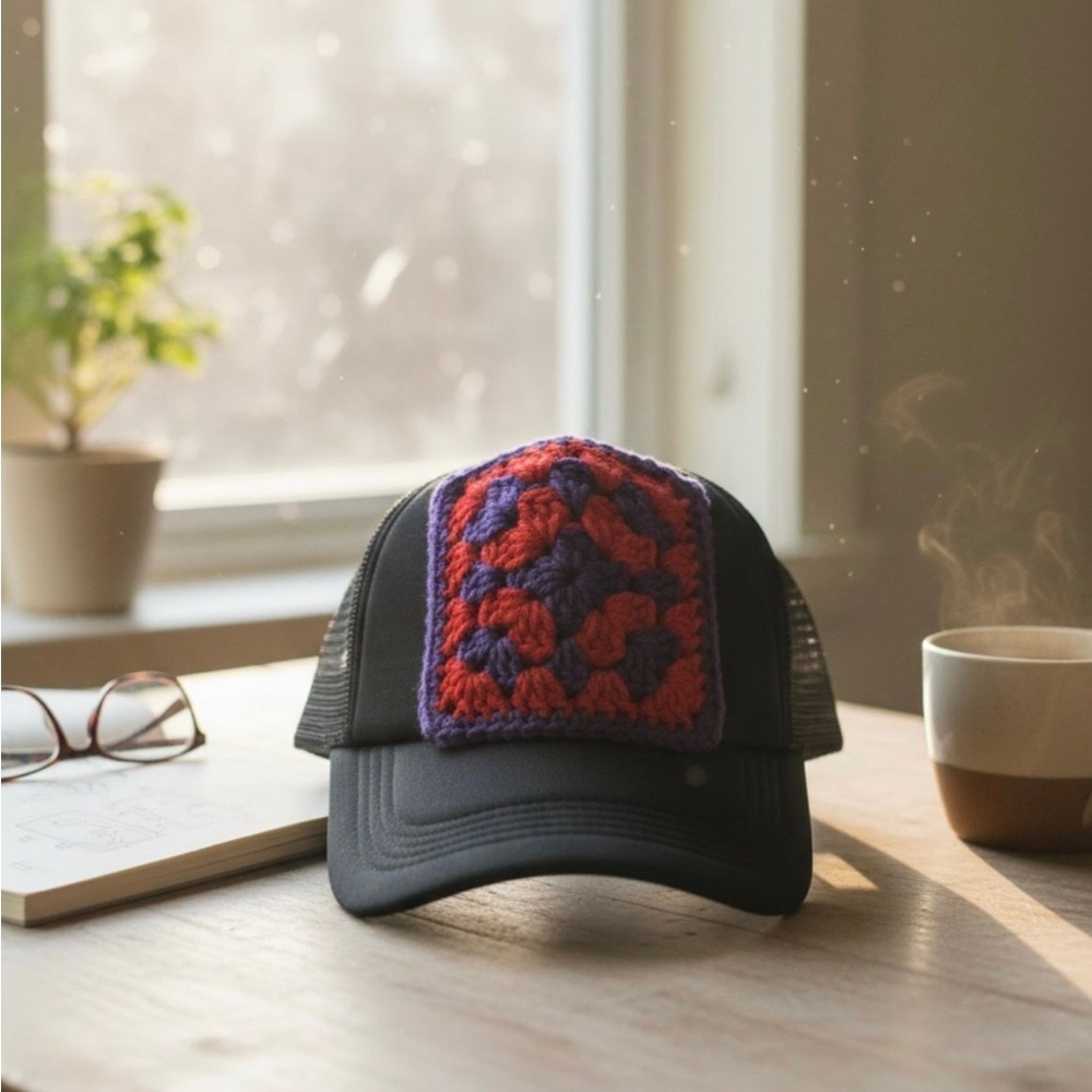 Black and Red Crochet Patch Trucker Hat